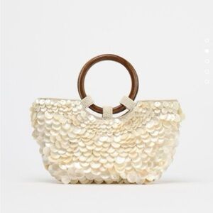 Zara Cream Sequin Wristlet with Wood Ring Handles